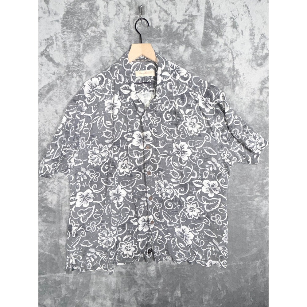 Tommy Bahama Mens Hawaiian Camp Shirt XXL Gray White Silk Floral Tropical